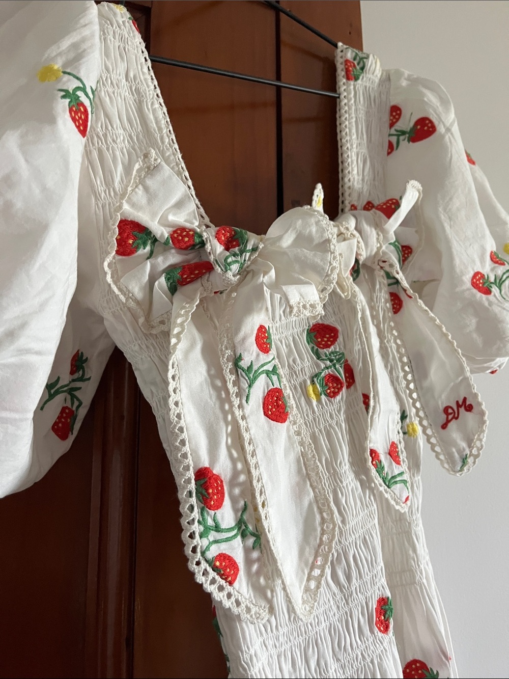 Damson Madder White Strawberry Embroidery Midi Dress with Puff Sleeves - Picture 11 of 16